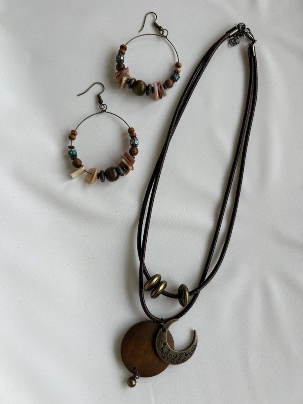 Boho Brown Crescent Pendant Necklace and Hoop Earrings Set